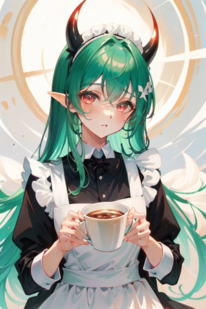 Anime, maid_costume, cute, red_eyes, green_hair,long_hair , red_horns, 1girl, kawaii,LatteArt