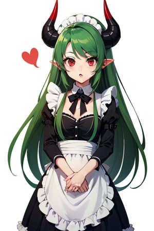 Anime, maid_costume, cute, red_eyes, green_hair,long_hair , red_horns, 1girl, kawaii
