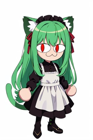 (best quality,  vivid colors,  anime:1.1),  1girl,  chibi,  red eyes, horns,  red horns,  light green hair,  long hair,  maid costume, maid headdress, gentle sunlight,  cheerful expression, white background, full body, :3, cat ears, chibi, cat girl, cat tail, solo, slit pupils
