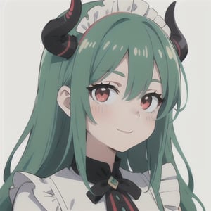 (best quality, vivid colors, anime:1.1), 1girl, red eyes, horns, red horns, light green hair, long hair, maid costume, maid headdress, gentle sunlight, cheerful expression, white background, face only, face focus, staring at viewer,profile picture, brightful colors, pov_eye_contact , in front of camera