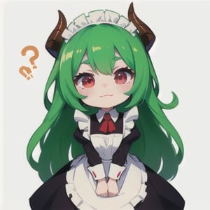  (best quality, vivid colors, anime:1.1), 1girl, chibi, red eyes,horns, red horns, light green hair, confused with a question mark, confused look, long hair, maid costume,maid headdress, gentle sunlight, cheerful expression, emote for twitch, white background, sticker, twitch emoji
