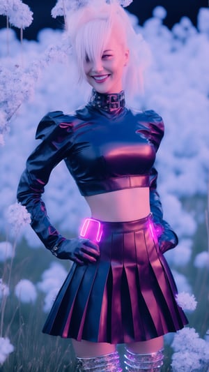 1girl, solo, a stunning beautiful girl with bright smile, flowing hair, spring grass field, flowers, wearing mini skirt, razor-pleated leather reflecting neon. Black leather crop top, stitched with glowing circuit seams. Thigh-high boots, lace-up straps like chrome vines. Fingerless gloves, studded with LED knuckles. Neon-pink mohawk, wired with bioluminescence. Chrome choker, pulsing with a hidden power, looking at viewer, 8k, high res, ultra detailed