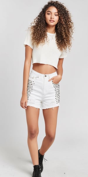 studio photoshoot of a beautiful 18-year-old Urban Outfitters model, mixed with Black and White, with a long curly wavy hairstyle, a cute face, pretty, looking at the viewer, dynamic pose, wearing studded lowrise jean shorts and a white knit crop top, thick thighs