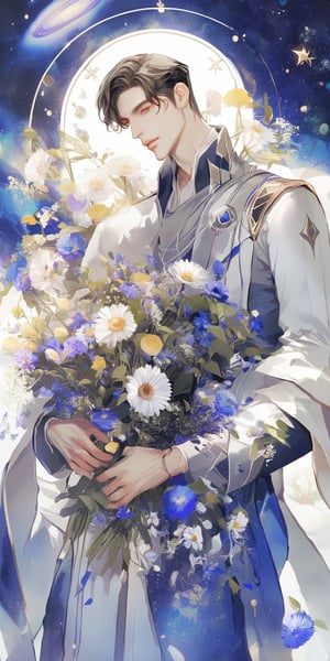 1boy, handsome, young, prince, god, space, flowers, workship