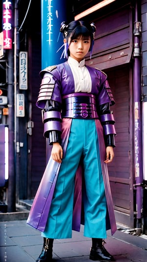 1girl, 17yo, futuristic japanpunk, masculine pose, Dystopian,samuraicore, purple and blue, vintage muted color tones,cinestill,raidenshogundef,Calligraphy