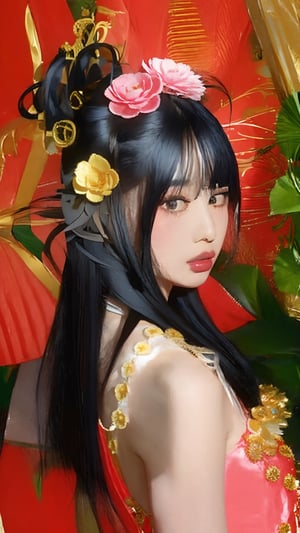 1girl, solo, black hair, hair ornament, dress, standing, full body, flower, hair flower, from side, lotus