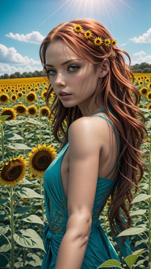 Beautiful woman, red hair, sunflower field, amber eyes, 8k, best quality, queen, detailed hair, detailed eyes