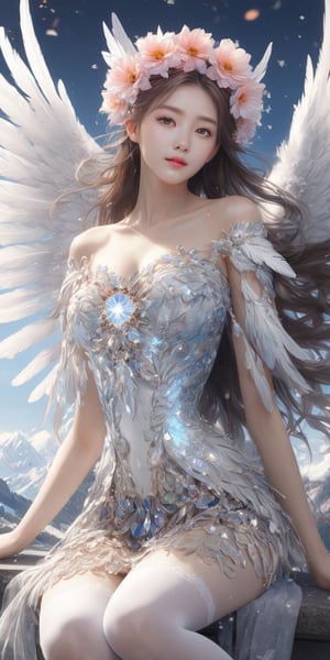 masterpiece,{{{best quality}}},(illustration)),{{{extremely detailed CG unity 8k wallpaper}}},game_cg,(({{1girl}})),{solo}, (beautiful detailed eyes),((shine eyes)),goddess,fluffy hair,messy_hair,ribbons,hair_bow,{flowing hair}, (glossy hair), (Silky hair),((white stockings)),(((gorgeous crystal armor))),cold smile,stare,cape,(((crystal wings))),((grand feathers)),((altocumulus)),(clear_sky),(snow mountain),((flowery flowers)),{(flowery bubbles)},{{cloud map plane}},({(crystal)}),crystal poppies,({lacy}) ({{misty}}),(posing sketch),(Brilliant light),cinematic lighting,((thick_coating)),(glass tint),(watercolor),(Ambient light),long_focus,(Colorful blisters),ukiyoe style
