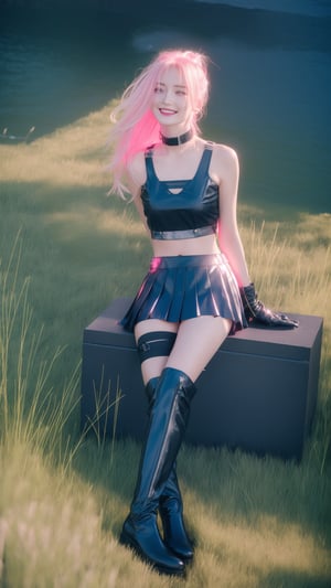 1girl, solo, a stunning beautiful girl with bright smile, flowing hair, spring grass field, wearing mini skirt, razor-pleated leather reflecting neon. Black leather crop top, stitched with glowing circuit seams. Thigh-high boots, lace-up straps like chrome vines. Fingerless gloves, studded with LED knuckles. Neon-pink mohawk, wired with bioluminescence. Chrome choker, pulsing with a hidden power, looking at viewer, 8k, high res, ultra detailed