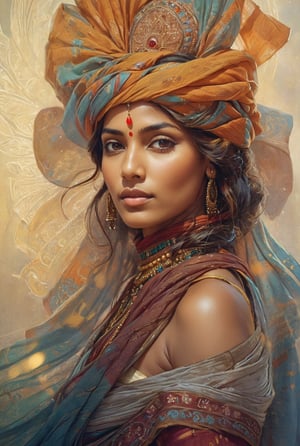 Detailed portrait of a beautiful Indian woman in traditional clothing, on Hasselblad 501c three-point lighting. Sci-fi atmosphere, Greg Rutkowski, Asian