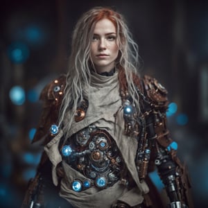 beautiful angelic face, many freckles, storm of red hair, shallow depth of field, space, goblin, star wars, cyborg style, cyborg, steampunk style
