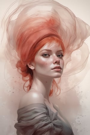 beautiful girl with a storm of red hair in a tulle turban around her head, subtle colors. Watercolor, artstation trends, sharp focus, studio photo, intricate details, very detailed, 3D style, DonML1quidG0ldXL