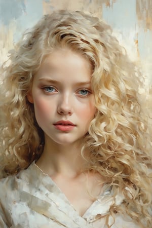 Painting in the style of Jeremy Mann. Warm, subdued colors, tonal transitions, traces of a wide brush, the best quality, high resolution, very detailed portrait, the image of a beautiful, slim 20-year-old Albino blonde. She has long wavy hair, a torn dress, very light, large eyes, light eyebrows. Natural full lips, shapely body, scantily clad in a long linen dress. Fair skin, rosy cheeks. Blond hair, slightly wavy, beautiful curls lie on the chest reaching to the hips. A masterpiece of painting.