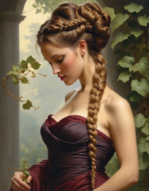 Eve and the tempting serpent. Ewa, a stunningly beautiful woman, grace and grace, beautiful hair braided into a bun falling on the neck, beautiful shapely body, covered with a long dress, ivy entwining the column, (delicate sfumato, soft color transitions: 2) "color gradient from gold to burgundy", Painting inspired by the Bouguereau style, (intricate chiaroscuro, layered oil techniques, detailed drapery, masterful brush painting, realistic textures, classic motifs, dramatic light sources), (ethereal auras, harmonious composition, captivating portraits, serene landscapes, anatomical precision, delicate hand gestures, timeless beauty, humanistic expression, emotive poses, intricate backgrounds, symbolic elements), photo r3al. ,greg rutkowski