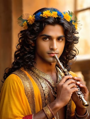 A beautiful dark-haired boy plays the flute. He has graphite gray skin. Beautiful, very long, black, wavy hair falling down to her chest. She has a colorful peacock feather in her hair. Flower garland on the chest. He gracefully holds a transverse flute in his hands. Halo around the head. The color of the clothes is yellow with a touch of blue. He lives in the spiritual world. Gold decorations on the neck and hands. Soft light!!! Shallow depth of field. ultra quality, epic movie, intricate details, HDR, beautiful shot, hyper-realistic, 64 megapixels, perfect composition, high contrast, cinematic, atmospheric, moody, warm light, fantasy art, very long wavy black hair, vignette, highly detailed, high budget , Bollywood movie, l3min, h4n3n, aesthetic portrait, IncrsClownMakeupMeme, high detail, realhands, color magic, handsome Italian boy, saturated colors, color saturation, Renaissance,
,gregor rutkowski
​