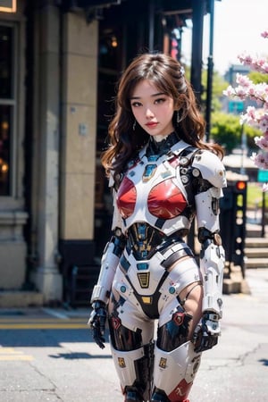 Masterpiece, High quality, 64K, Unity 64K Wallpaper, HDR, Best Quality, RAW, Super Fine Photography, Super High Resolution, Super Detailed, Beautiful and Aesthetic, Stunningly beautiful, Perfect proportions, 
1girl, Solo, White skin, Detailed skin, Realistic skin details, (Bikini Mecha:1.2), (Red mecha:1.3), 
Futuristic Mecha, Arms Mecha, Dynamic pose, Battle stance, ((medium bob hairstyle:1.3)), by FuturEvoLab, 
Dark City Night, Cyberpunk City, Cyberpunk architecture, Future architecture, Fine architecture, Accurate architectural structure, Detailed complex busy background, Gorgeous, Cherry blossoms, ((long wavy hairstyle:1.3)), Sharp focus, Perfect facial features, Pure and pretty, Perfect eyes, Lively eyes, Elegant face, Delicate face, Exquisite face, ,Mecha body,mecha musume,Red mecha, ((from side_front:0.8)), (low angle:1.2), ((thigh up shot:1.4)),mecha, (soft natural lighting:1.4), (soft shadow:1.3), (dark vignette:1.1), (cinematic shot:1.5),ShaniJkt48 