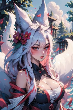 a very beautiful anime girl in a dress sitting on a giant fur ball, 1girl, animal ears, tail, multiple tails, fox ears, fox tail, breasts, hair ornament, hair flower, flower, solo, long hair, red flower, cleavage, fox girl, dress, looking at viewer, bare shoulders, white hair
,Marlok artstyle,yaohu,Marlok artstyle ,Beautiful Nine-tailed fox,9tail fox