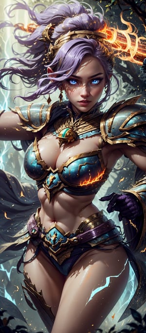 (High quality, 8k, UHD),1girl, 24years old, cleavage, big boobs, fat thigh, shiny skin,cinematic lightning, fire magic, flame and rube, (glowing, fire glow:1.5), fantasy dress, sexy body,sensual expression as if floating underwater, zero gravity hair, dream-like, pale skin, (perfect face: 1.3), (face details: 1.3) beautiful glistening eyes,detailed eyes, purple eyes, (purple hair,short curled hair),warrior armor, body armor,necromancer,cloak,Mythical spear in hand,action pose,sexy,thong_nice_butt,dynamic pose,high quality, fantasy, vibrant color, High detailed, blurry_light_background,graceful white haired lady, blue eyes, this lady wearing golden armor with golden magical bell in her possesion,,BiophyllTech