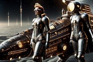 A tense standoff unfolds within the foggy confines of a retro-futuristic spaceship. Fritz Lang's protagonist stands firm, a robot is working, clad in worn leather and goggles, as two women and one man clad in steam-powered armor prepare for battle against an otherworldly foe. A striking female figure, donning a metallic spacesuit and 1910-era hairstyles, a robot assits them, fixes her gaze on the encroaching extraterrestrial threat. Amidst the chaos, she remains steadfast. The dimly lit interior is illuminated only by the eerie glow of the moonlit metropolis visible through the portholes, casting an ominous light on the impending conflict.