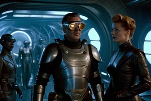 A tense standoff unfolds within the foggy confines of a retro-futuristic spaceship. Fritz Lang's protagonist stands firm, clad in worn leather and goggles, as two women and one man clad in steam-powered armor prepare for battle against an otherworldly foe. A striking female figure, donning a metallic spacesuit and 1910-era hairstyles, a robot assits them, fixes her gaze on the encroaching extraterrestrial threat. Amidst the chaos, she remains steadfast. The dimly lit interior is illuminated only by the eerie glow of the moonlit metropolis visible through the portholes, casting an ominous light on the impending conflict.