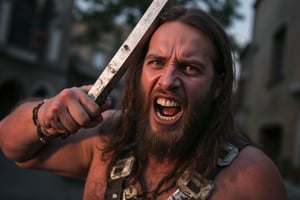 A medium  shot of the barbarian   the camera positioned directly in front of it to emphasize its menacing demeanor. The bonfire  lighting , with a hint of red tint to accentuate the barbarian;s angry gaze. Its teeth are shown , as it growls at me through gritted lips. In the background, a blurry, old city  environment stretches out, adding to the sense of tension and foreboding. The composition focuses on the Barbarian's agitated face, with the sword raised and ready to strike , casting a dark shadow across its features.