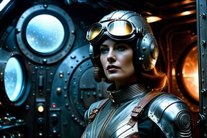 A tense standoff unfolds within the foggy confines of a retro-futuristic spaceship. Fritz Lang's protagonist stands firm, clad in worn leather and goggles, as two women and one man clad in steam-powered armor prepare for battle against an otherworldly foe. A striking female figure, donning a metallic spacesuit and 1910-era hairstyles, fixes her gaze on the encroaching extraterrestrial threat. Amidst the chaos, she remains steadfast. The dimly lit interior is illuminated only by the eerie glow of the moonlit metropolis visible through the portholes, casting an ominous light on the impending conflict.