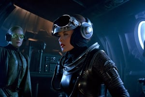 A tense standoff unfolds within the foggy confines of a retro-futuristic spaceship. Fritz Lang's protagonist stands firm, clad in worn leather and goggles,(( a reptile humanoid alien)) as two women and one man clad in steam-powered armor prepare for battle against an otherworldly foe. A striking female figure, donning a metallic spacesuit and 1910-era hairstyles, fixes her gaze on the encroaching extraterrestrial threat. Amidst the chaos, she remains steadfast. The dimly lit interior is illuminated only by the eerie glow of the moonlit metropolis visible through the portholes, casting an ominous light on the impending conflict., laser gun, M16 Rifle series,FN SCAR-HL