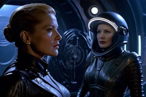 A tense standoff unfolds within the foggy confines of a retro-futuristic spaceship. Fritz Lang's protagonist stands firm, clad in worn leather and goggles,(( a reptile humanoid alien)) as two women and one man clad in steam-powered armor prepare for battle against an otherworldly foe. A striking female figure, donning a metallic spacesuit and 1910-era hairstyles, fixes her gaze on the encroaching extraterrestrial threat. Amidst the chaos, she remains steadfast. The dimly lit interior is illuminated only by the eerie glow of the moonlit metropolis visible through the portholes, casting an ominous light on the impending conflict., laser gun, M16 Rifle series,FN SCAR-HL