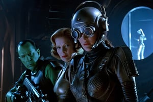 A tense standoff unfolds within the foggy confines of a retro-futuristic spaceship. Fritz Lang's protagonist stands firm, clad in worn leather and goggles,(( a reptile humanoid alien)) as two women and one man clad in steam-powered armor prepare for battle against an otherworldly foe. A striking female figure, donning a metallic spacesuit and 1910-era hairstyles, fixes her gaze on the encroaching extraterrestrial threat. Amidst the chaos, she remains steadfast. The dimly lit interior is illuminated only by the eerie glow of the moonlit metropolis visible through the portholes, casting an ominous light on the impending conflict., laser gun, M16 Rifle series,FN SCAR-HL