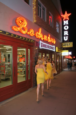 A cover of a magazine ,from  simplicissimus style. sultry blonde bombshell, hair styled in a Farrah Fawcett-esque flip, sashays down the vibrant sidewalk under the warm glow of neon lights. A snug yellow sundress hugs her curves as she confidently strides through the bustling street, high heels clicking out the rhythm. Retro-style billboards and neon signs create a lively backdrop as she disappears into the crowded summer night scene.