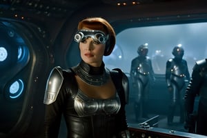 A tense standoff unfolds within the foggy confines of a retro-futuristic spaceship. Fritz Lang's protagonist stands firm, clad in worn leather and goggles, as two women and one man clad in steam-powered armor prepare for battle against an otherworldly foe. A striking female figure, donning a metallic spacesuit and 1910-era hairstyles, a robot assits them, fixes her gaze on the encroaching extraterrestrial threat. Amidst the chaos, she remains steadfast. The dimly lit interior is illuminated only by the eerie glow of the moonlit metropolis visible through the portholes, casting an ominous light on the impending conflict.