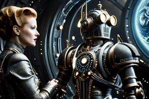 A tense standoff unfolds within the foggy confines of a retro-futuristic spaceship. Fritz Lang's protagonist stands firm, a robot is working, clad in worn leather and goggles, as two women and one man clad in steam-powered armor prepare for battle against an otherworldly foe. A striking female figure, donning a metallic spacesuit and 1910-era hairstyles, a robot assits them, fixes her gaze on the encroaching extraterrestrial threat. Amidst the chaos, she remains steadfast. The dimly lit interior is illuminated only by the eerie glow of the moonlit metropolis visible through the portholes, casting an ominous light on the impending conflict.