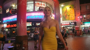 A sultry blonde bombshell, hair styled in a Farrah Fawcett-esque flip, sashays down the vibrant sidewalk under the warm glow of neon lights. A snug yellow sundress hugs her curves as she confidently strides through the bustling street, high heels clicking out the rhythm. Retro-style billboards and neon signs create a lively backdrop as she disappears into the crowded summer night scene.