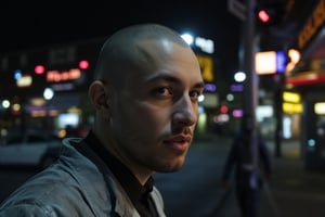 a male model , shaved head ,very fit, Hyperrealistic photography, Mr robot tv show frame composition, directed by sam smail ,brunnete ,negative space, neon signs, smoke in the background, extreme close up, night shot, bokeh effect, Super Panavision-70 Camera and Panavision 65mm Prime Lenses, Panavision Anamorphic Super High Speed Lenses, Panavision C Series Anamorphic Lenses