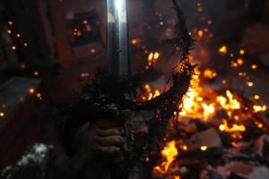 A close-up shot of the barbarian  face, the camera positioned directly in front of it to emphasize its menacing demeanor. The bonfire  lighting , with a hint of red tint to accentuate the barbarian;s fiery gaze. Its teeth are shown , as it growls at me through gritted lips. In the background, a blurry, old city  environment stretches out, adding to the sense of tension and foreboding. The composition focuses on the Barbarian's agitated face, with the sword raised and ready to strike , casting a dark shadow across its features.