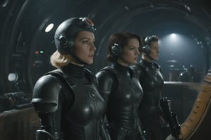 A tense standoff unfolds within the foggy confines of a retro-futuristic spaceship. Fritz Lang's protagonist stands firm, clad in worn leather and goggles, as two women and one man clad in steam-powered armor prepare for battle against an otherworldly foe. A striking female figure, donning a metallic spacesuit and 1910-era hairstyles, fixes her gaze on the encroaching extraterrestrial threat. Amidst the chaos, she remains steadfast. The dimly lit interior is illuminated only by the eerie glow of the moonlit metropolis visible through the portholes, casting an ominous light on the impending conflict., laser gun, M16 Rifle series