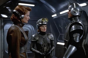 A tense standoff unfolds within the foggy confines of a retro-futuristic spaceship. Fritz Lang's protagonist stands firm, clad in worn leather and goggles, as two women and one man clad in steam-powered armor prepare for battle against an otherworldly foe. A striking female figure, donning a metallic spacesuit and 1910-era hairstyles, fixes her gaze on the encroaching extraterrestrial threat. Amidst the chaos, she remains steadfast. The dimly lit interior is illuminated only by the eerie glow of the moonlit metropolis visible through the portholes, casting an ominous light on the impending conflict.