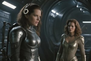 A tense standoff unfolds within the foggy confines of a retro-futuristic spaceship. Fritz Lang's protagonist stands firm, clad in worn leather and goggles,(( a reptile humanoid alien)) as two women and one man clad in steam-powered armor prepare for battle against an otherworldly foe. A striking female figure, donning a metallic spacesuit and 1910-era hairstyles, fixes her gaze on the encroaching extraterrestrial threat. Amidst the chaos, she remains steadfast. The dimly lit interior is illuminated only by the eerie glow of the moonlit metropolis visible through the portholes, casting an ominous light on the impending conflict., laser gun, M16 Rifle series,FN SCAR-HL