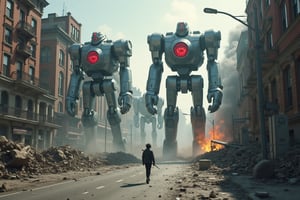 A chaotic scene unfolds as a swarm of mechanical behemoths, with gleaming metallic bodies and glowing red eyes, descends upon the city street. The once-quiet avenue is now a battleground, with towering robots stomping through debris and wreckage. In the foreground, a lone figure cowers amidst the destruction, while in the background, smoke and flames billow from overturned buildings.