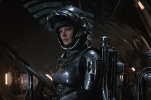 A tense standoff unfolds within the foggy confines of a retro-futuristic spaceship. Fritz Lang's protagonist stands firm, clad in worn leather and goggles, as two women and one man clad in steam-powered armor prepare for battle against an otherworldly foe. A striking female figure, donning a metallic spacesuit and 1910-era hairstyles, fixes her gaze on the encroaching extraterrestrial threat. Amidst the chaos, she remains steadfast. The dimly lit interior is illuminated only by the eerie glow of the moonlit metropolis visible through the portholes, casting an ominous light on the impending conflict.