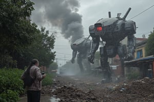 IMG_7867.JPG.Torrential rain pours down the street and  a chaotic scene unfolds as a swarm of mechanical behemoths, with gleaming metallic bodies and glowing red eyes, descends upon the city street. The once-quiet avenue is now a battleground, with towering robots stomping through debris and wreckage. In the foreground, a lone figure cowers amidst the destruction, while in the background, smoke and flames billow from overturned buildings.,MechGolemABM-BS01,MechWandererABM-WS01,MechSequrityABM-SQ01,iphone photo