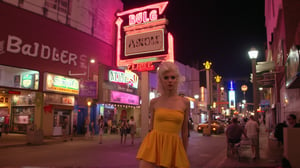 A sultry blonde bombshell, hair styled in a Farrah Fawcett-esque flip, sashays down the vibrant sidewalk under the warm glow of neon lights. A snug yellow sundress hugs her curves as she confidently strides through the bustling street, high heels clicking out the rhythm. Retro-style billboards and neon signs create a lively backdrop as she disappears into the crowded summer night scene.