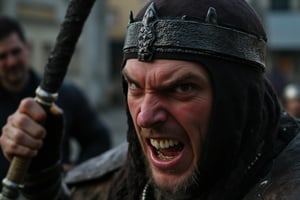 A close-up shot of the barbarian  face, the camera positioned directly in front of it to emphasize its menacing demeanor. The bonfire  lighting , with a hint of red tint to accentuate the barbarian;s fiery gaze. Its teeth are shown , as it growls at me through gritted lips. In the background, a blurry, old city  environment stretches out, adding to the sense of tension and foreboding. The composition focuses on the Barbarian's agitated face, with the sword raised and ready to strike , casting a dark shadow across its features.