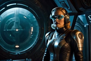 A tense standoff unfolds within the foggy confines of a retro-futuristic spaceship. Fritz Lang's protagonist stands firm, clad in worn leather and goggles, as two women and one man clad in steam-powered armor prepare for battle against an otherworldly foe. A striking female figure, donning a metallic spacesuit and 1910-era hairstyles, a robot assits them, fixes her gaze on the encroaching extraterrestrial threat. Amidst the chaos, she remains steadfast. The dimly lit interior is illuminated only by the eerie glow of the moonlit metropolis visible through the portholes, casting an ominous light on the impending conflict.