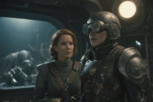 A tense standoff unfolds within the foggy confines of a retro-futuristic spaceship. Fritz Lang's protagonist stands firm, clad in worn leather and goggles, a reptile humanoid alien, as two women and one man clad in steam-powered armor prepare for battle against an otherworldly foe. A striking female figure, donning a metallic spacesuit and 1910-era hairstyles, fixes her gaze on the encroaching extraterrestrial threat. Amidst the chaos, she remains steadfast. The dimly lit interior is illuminated only by the eerie glow of the moonlit metropolis visible through the portholes, casting an ominous light on the impending conflict., laser gun, M16 Rifle series,FN SCAR-HL