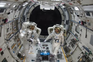 Two female astronauts float in zero gravity inside a space station, conversing with each other as they move through the station.,SpaceAstronaut