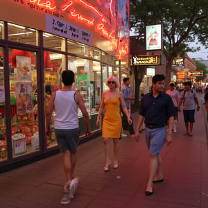 A cover of a magazine , simplicissimus style. sultry blonde bombshell, hair styled in a Farrah Fawcett-esque flip, sashays down the vibrant sidewalk under the warm glow of neon lights. A snug yellow sundress hugs her curves as she confidently strides through the bustling street, high heels clicking out the rhythm. Retro-style billboards and neon signs create a lively backdrop as she disappears into the crowded summer night scene.