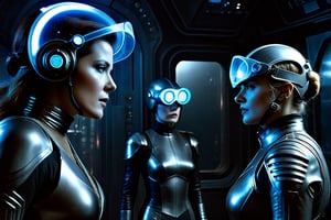 A tense standoff unfolds within the foggy confines of a retro-futuristic spaceship. Fritz Lang's protagonist stands firm, clad in worn leather and goggles, as two women and one man clad in steam-powered armor prepare for battle against an otherworldly foe. A striking female figure, donning a metallic spacesuit and 1910-era hairstyles, a robot assits them, fixes her gaze on the encroaching extraterrestrial threat. Amidst the chaos, she remains steadfast. The dimly lit interior is illuminated only by the eerie glow of the moonlit metropolis visible through the portholes, casting an ominous light on the impending conflict.