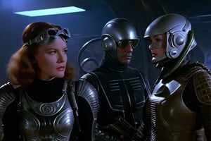 A tense standoff unfolds within the foggy confines of a retro-futuristic spaceship. Fritz Lang's protagonist stands firm, clad in worn leather and goggles,(( a reptile humanoid alien)) as two women and one man clad in steam-powered armor prepare for battle against an otherworldly foe. A striking female figure, donning a metallic spacesuit and 1910-era hairstyles, fixes her gaze on the encroaching extraterrestrial threat. Amidst the chaos, she remains steadfast. The dimly lit interior is illuminated only by the eerie glow of the moonlit metropolis visible through the portholes, casting an ominous light on the impending conflict., laser gun, M16 Rifle series,FN SCAR-HL