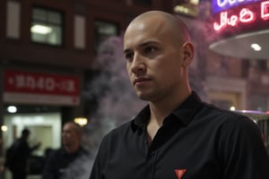 a male model , shaved head ,very fit, Hyperrealistic photography, Mr robot tv show frame composition, directed by sam smail ,brunnete ,negative space, neon signs, smoke in the background, extreme close up, night shot, bokeh effect, Super Panavision-70 Camera and Panavision 65mm Prime Lenses, Panavision Anamorphic Super High Speed Lenses, Panavision C Series Anamorphic Lenses